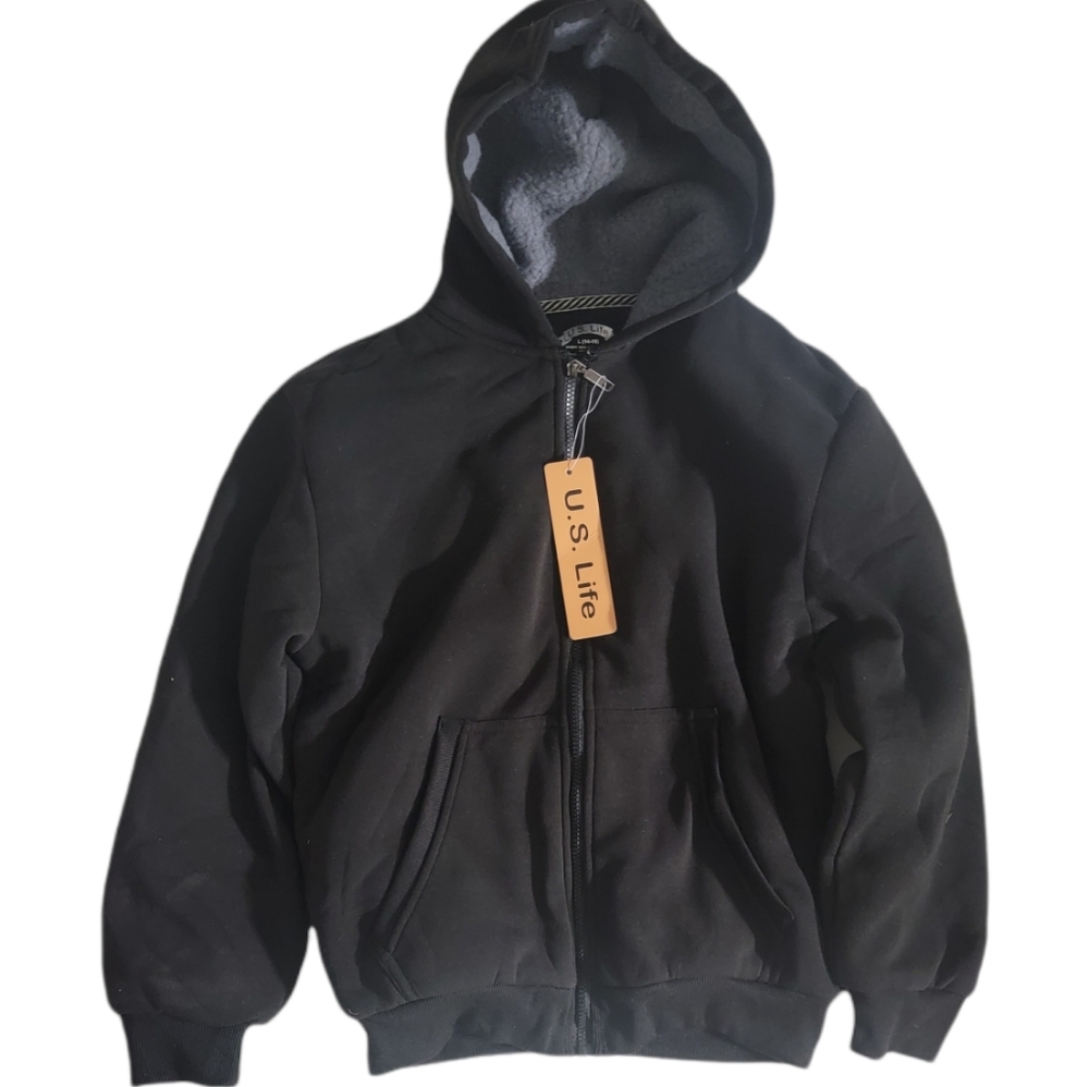 US LIFE Youth Black Zip Up Jacket Sweatshirt Hoodie Fleece Lined